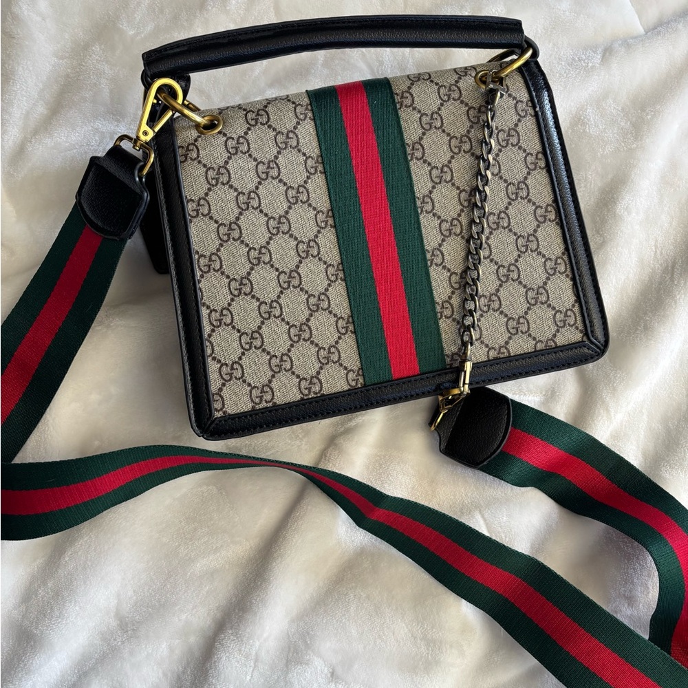 Designer INSPIRED Beige and Black Crossbody Bag with Red and Green Stripe - Picture 4 of 4